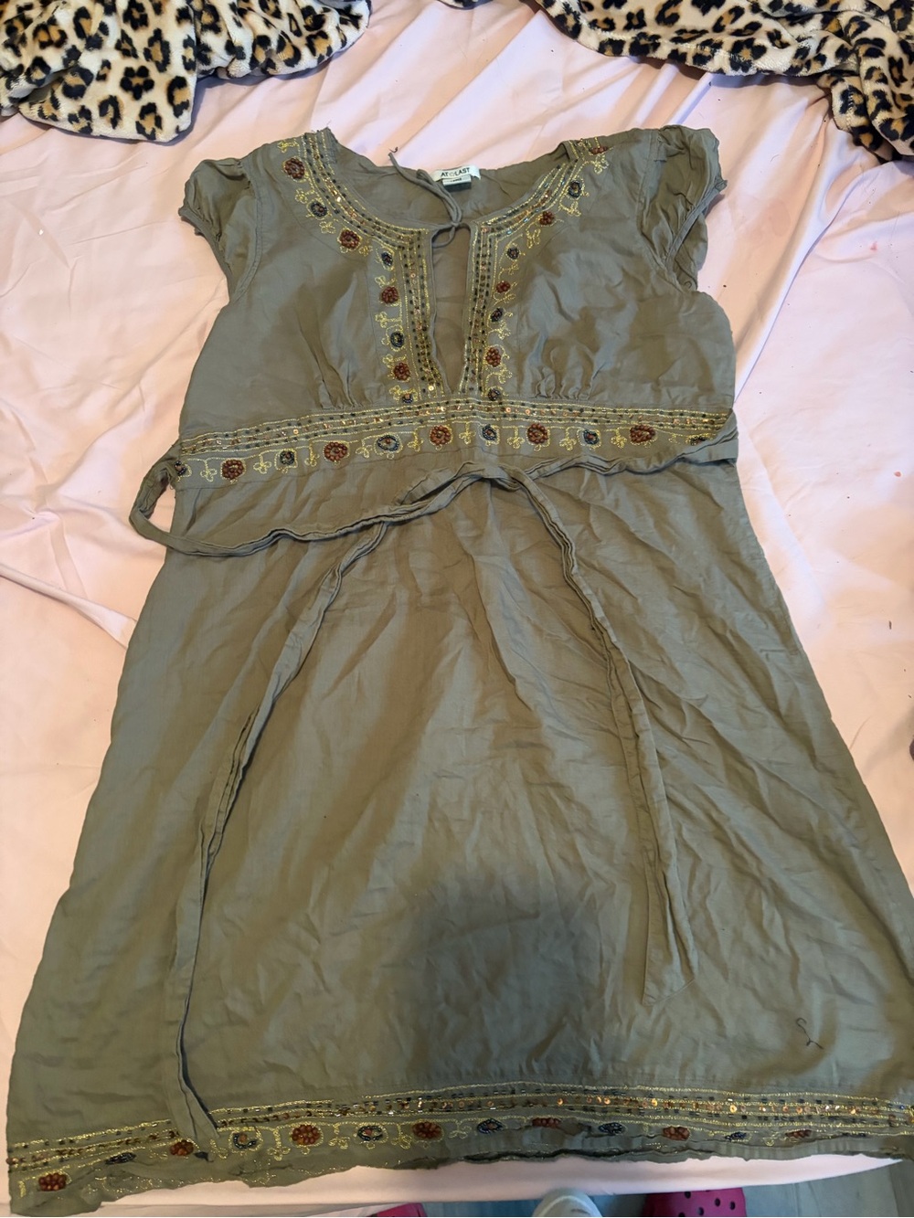 At Last Olive Green Embroidered Tie-Waist Dress